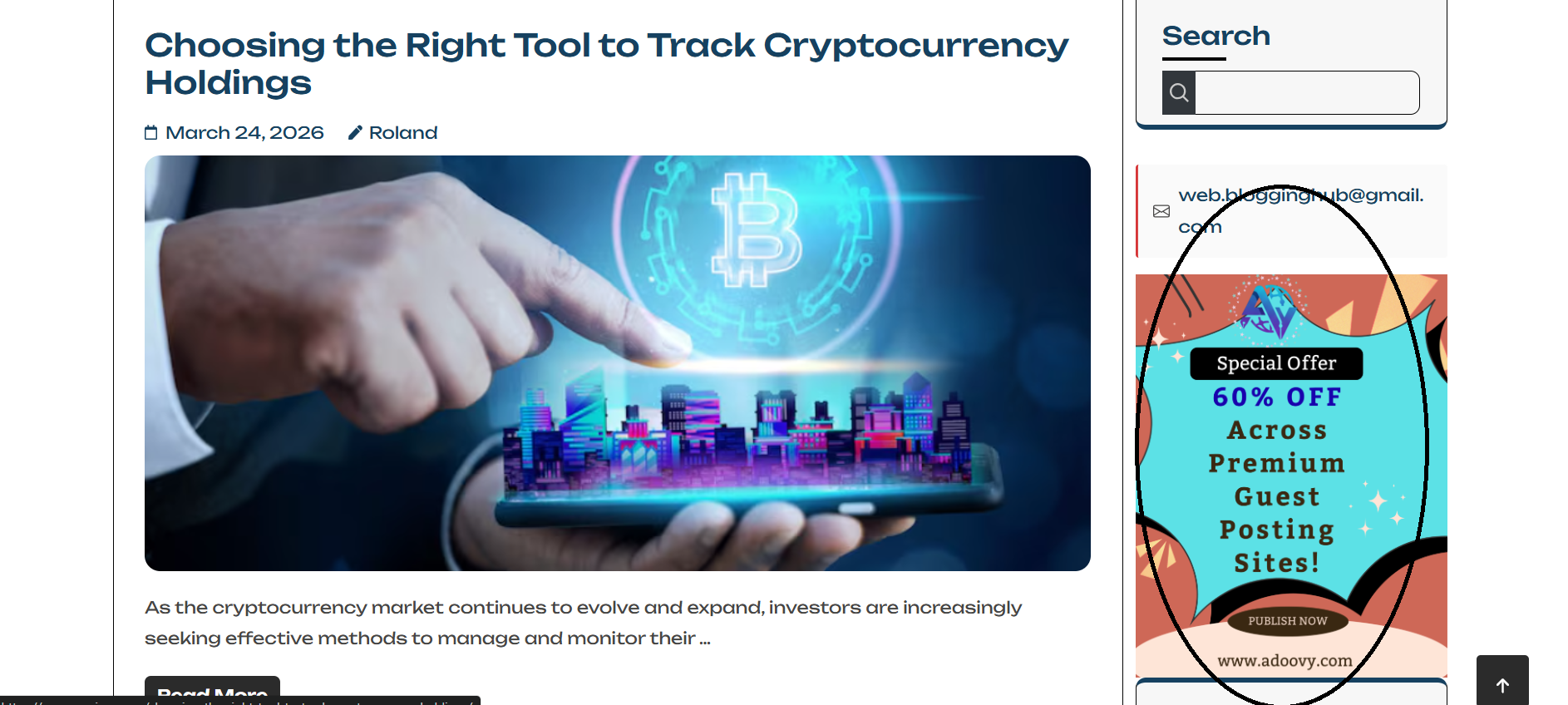 Crypings.com crypto tracking article page showing the Adoovy guest-post ad for premium sites in the sidebar