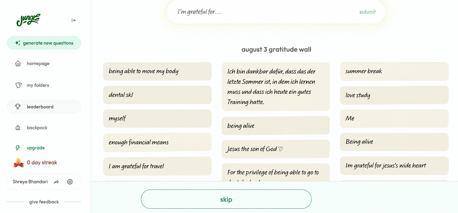 Jungle AI community gratitude wall shown between generation and the question set, with a skip button.