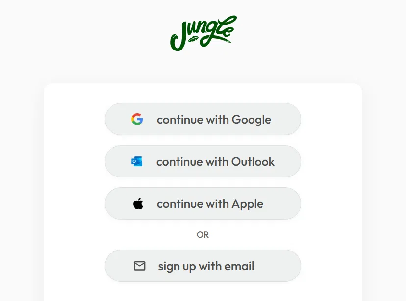 Jungle AI signup screen offering continue with Google, Outlook, Apple, or sign up with email.