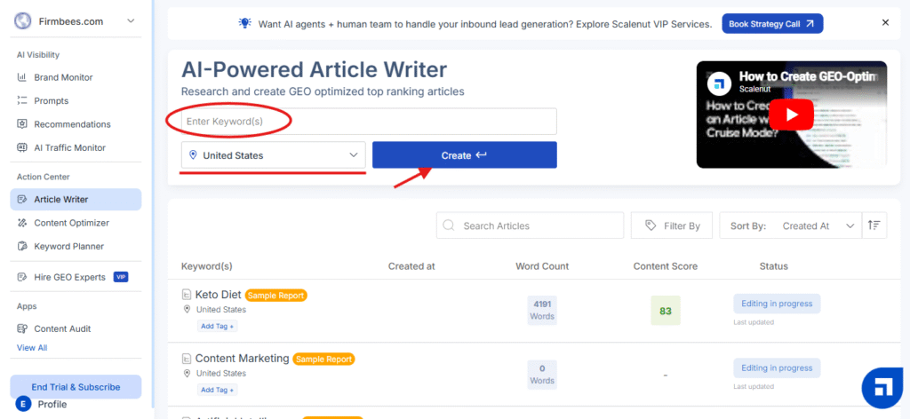 Scalenut Article Writer dashboard showing keyword input field, United States location selector, and Create button