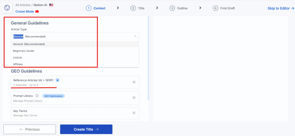 Scalenut Cruise Mode Context step - article type and GEO Guidelines options