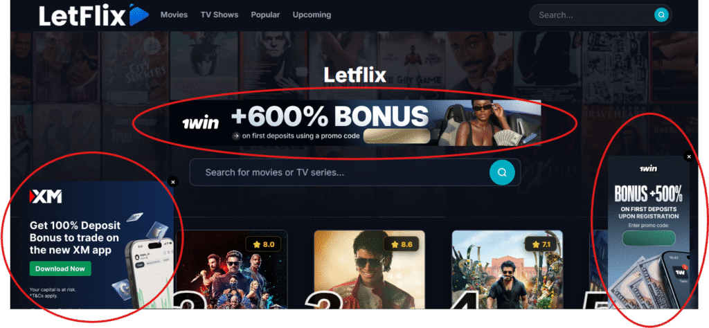 Letflix streaming site homepage covered in casino and forex ads, showing why Letflix is not safe to use