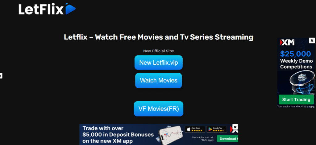 Letflix landing page with three buttons leading to three different mirror domains