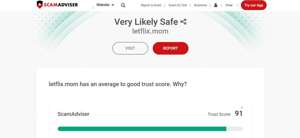 ScamAdviser showing letflix.mom with a 91 trust score, rated very likely safe despite serving malicious ads