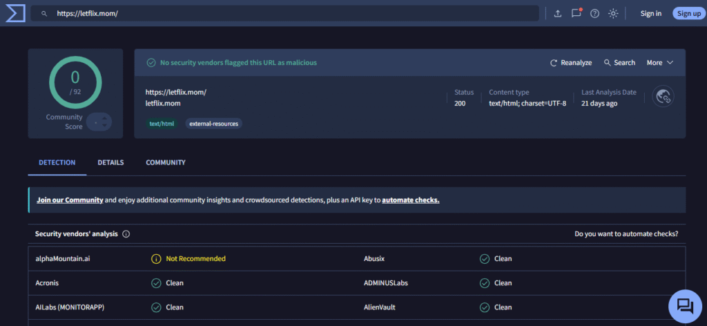 VirusTotal showing 0 of 92 vendors flagging letflix.mom, illustrating why a clean scan doesn't mean a safe site