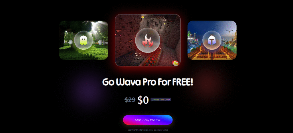 Wava AI free trial page showing the Go Wava Pro For FREE offer at $0 for a limited time, with a 7-day free trial button and $29/month pricing afterwards