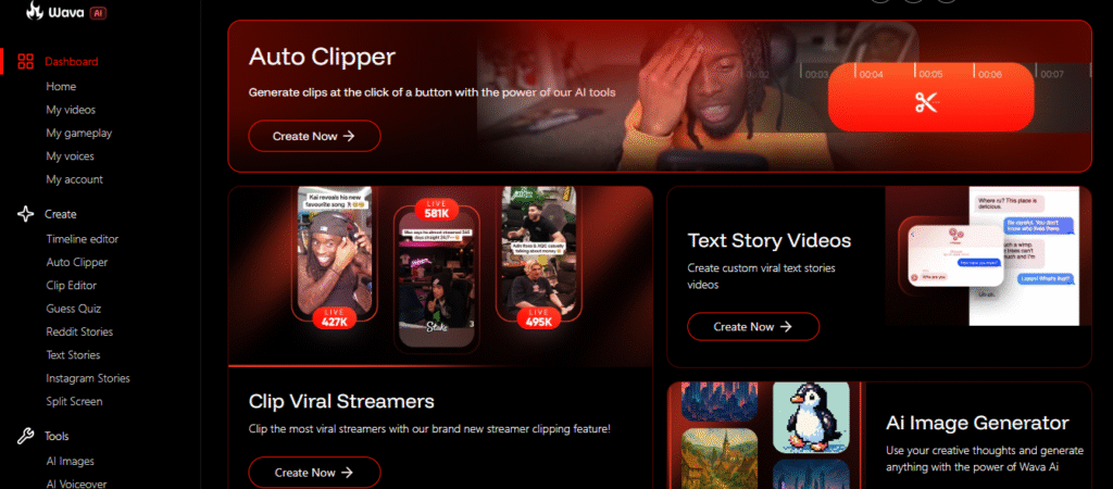 Wava AI dashboard showing the Auto Clipper, Text Story Videos, Reddit Stories, Split Screen, and AI Image Generator tools in the sidebar