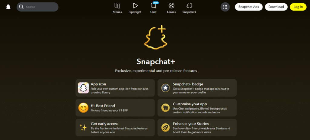 Snapchat+ official website showing exclusive features including app icon customization, #1 Best Friend, Snapchat+ badge, and early access