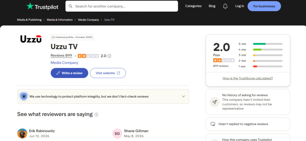 Trustpilot shows 2.0 rating out of 899 reviews for Uzzu TV