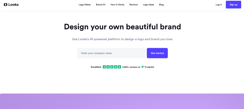 Looka AI logo generator homepage showing the "Design your own beautiful brand" headline with company name input field