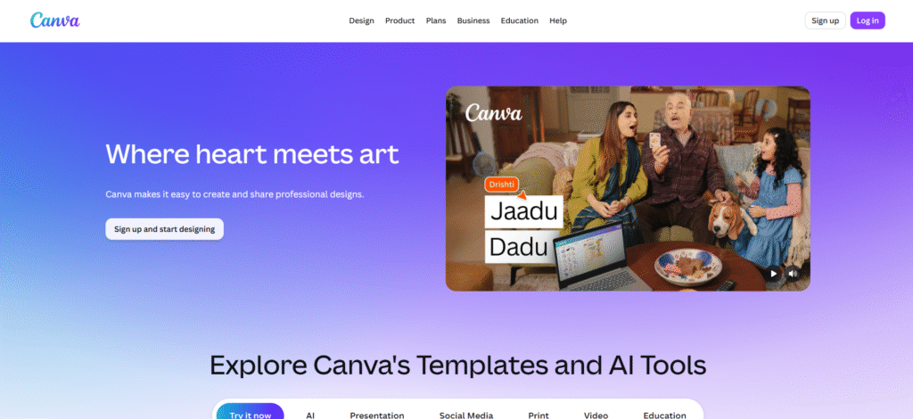 Canva homepage displaying "Where heart meets art"