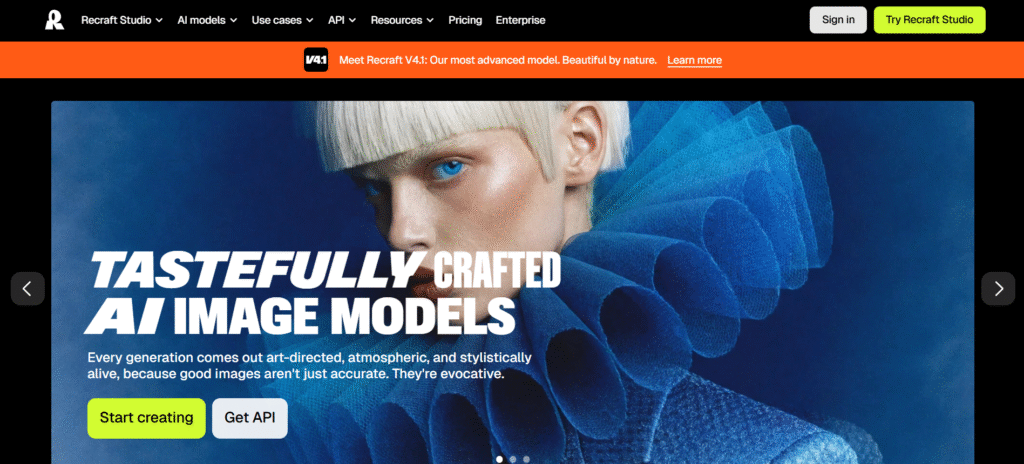 Recraft AI image model homepage showing "Tastefully Crafted AI Image Models" headline with Recraft V4.1 announcement banner and Start Creating button