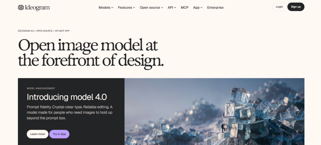 Ideogram AI logo generator homepage introducing Ideogram 4.0 model with "Open image model at the forefront of design" headline and Try in App button