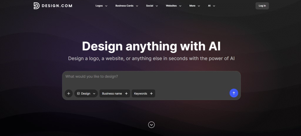 Design.com AI branding platform homepage showing "Design anything with AI" headline with prompt input field for logos, websites, and brand assets