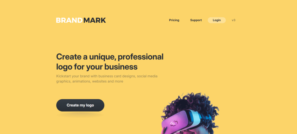 Brandmark AI logo generator homepage with yellow background showing "Create a unique, professional logo for your business" headline and Create My Logo button