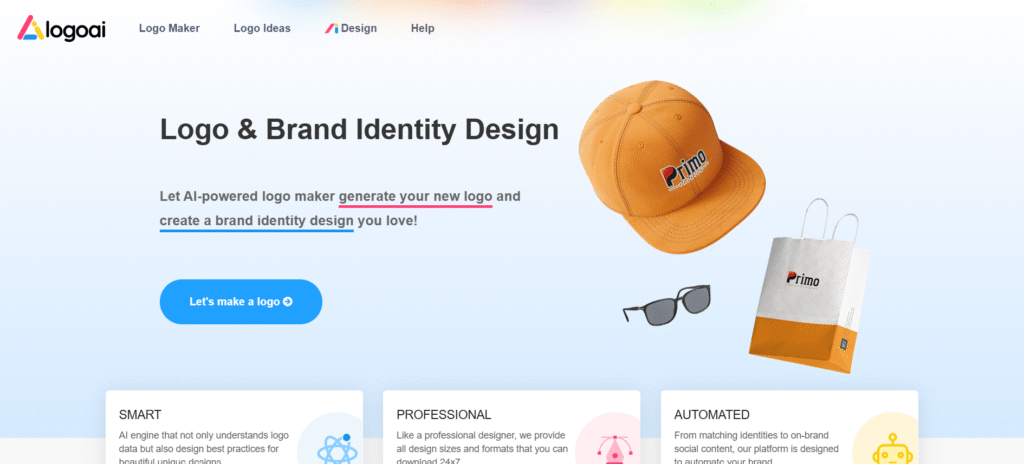 LogoAI logo maker homepage showing "Logo and Brand Identity Design" headline with product mockups including branded cap and shopping bag with Primo logo