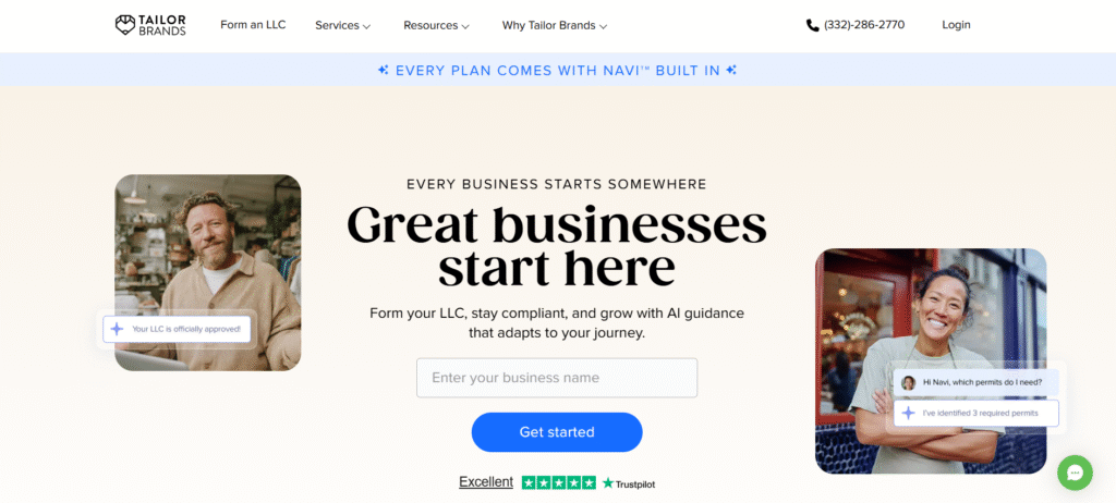 Tailor Brands LLC formation and branding platform homepage showing "Great businesses start here" headline with Navi AI assistant and Trustpilot Excellent rating