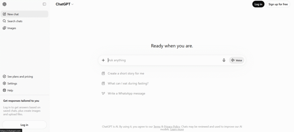 ChatGPT free interface dashboard showing "Ready when you are" with image generation access, new chat option, and Log In prompt for saved responses
