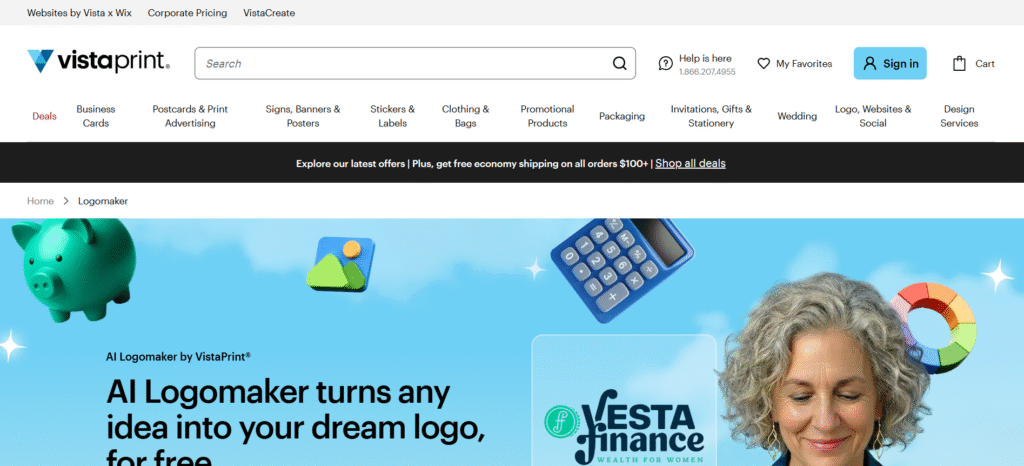 VistaPrint AI Logomaker page showing "AI Logomaker turns any idea into your dream logo, for free" headline with Vesta Finance logo example