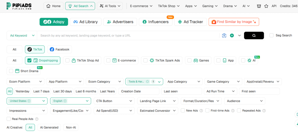 Pipiads Ad Search interface