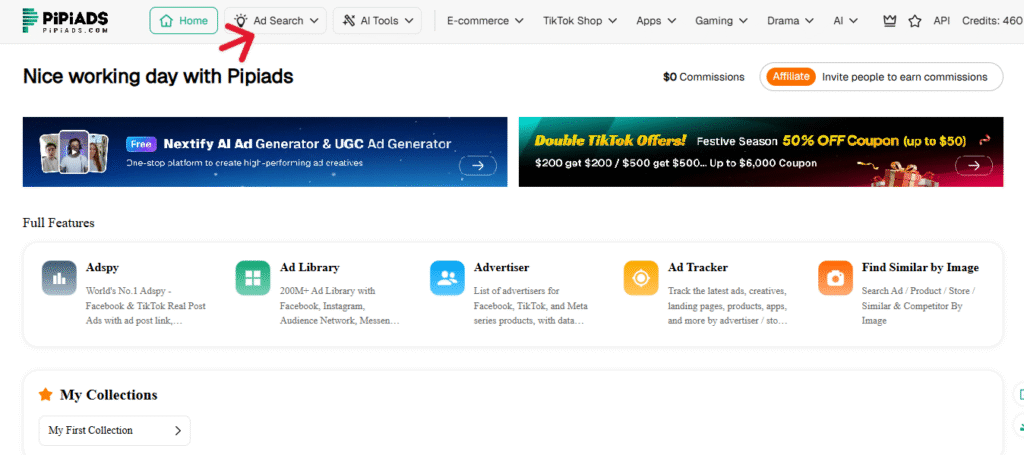 Pipiads dashboard home screen