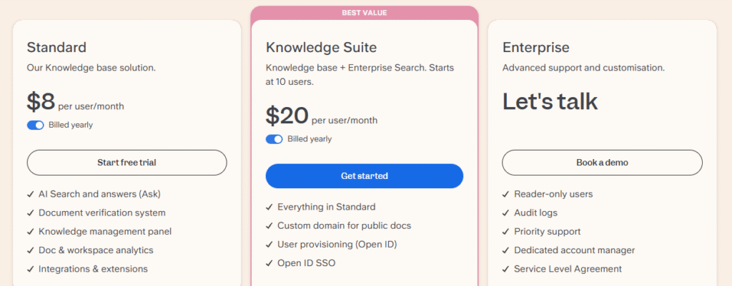Slite AI pricing plans 2026 with annual billing
