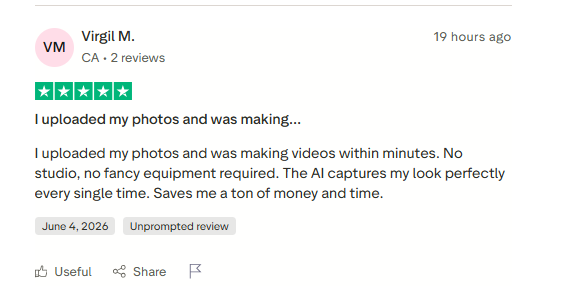 Five-star Trustpilot review for Foxy AI from Virgil M. dated June 4 2026 describing fast video generation and accurate AI likeness