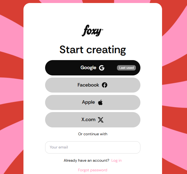 Foxy AI signup screen with social login options