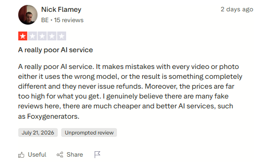 One-star Trustpilot review for Foxy AI from Nick Flamey dated July 21 2026 describing wrong model outputs, no refunds, and high pricing