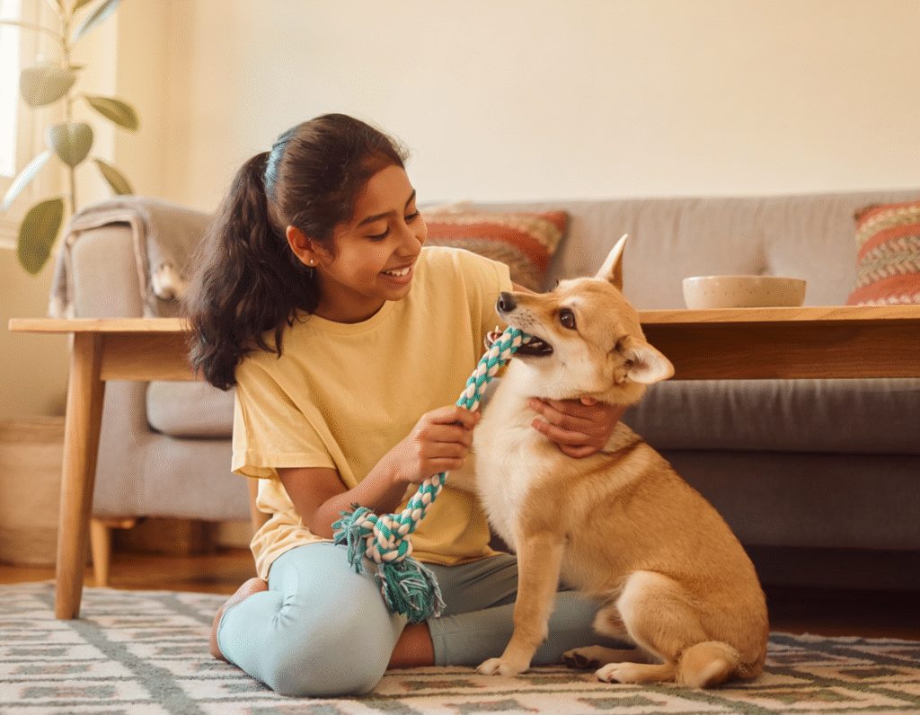 Adobe Firefly free AI image generator result, girl in yellow t-shirt sitting cross-legged on a rug playing with a Shiba Inu dog using a rope toy, warm sunlit living room with wooden furniture