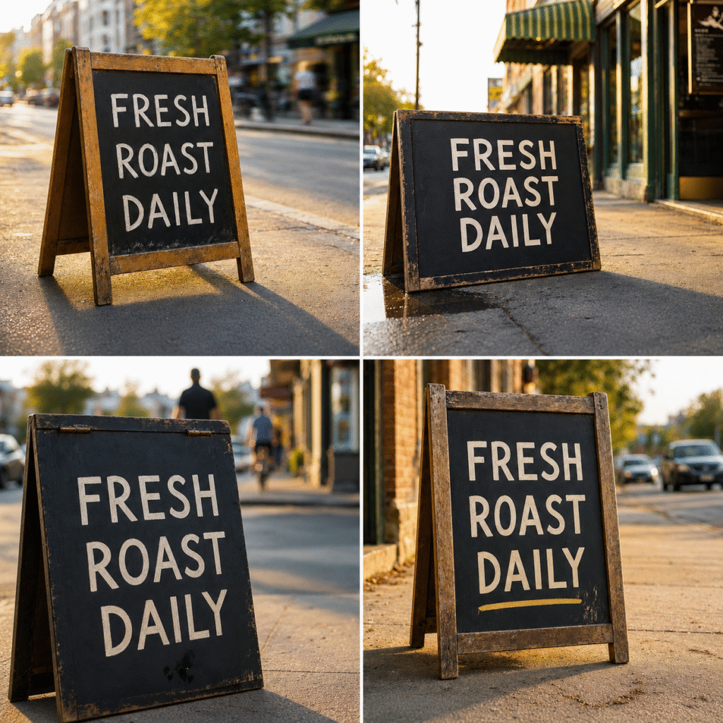 Bing Image Creator four-result output for sandwich board prompt, test