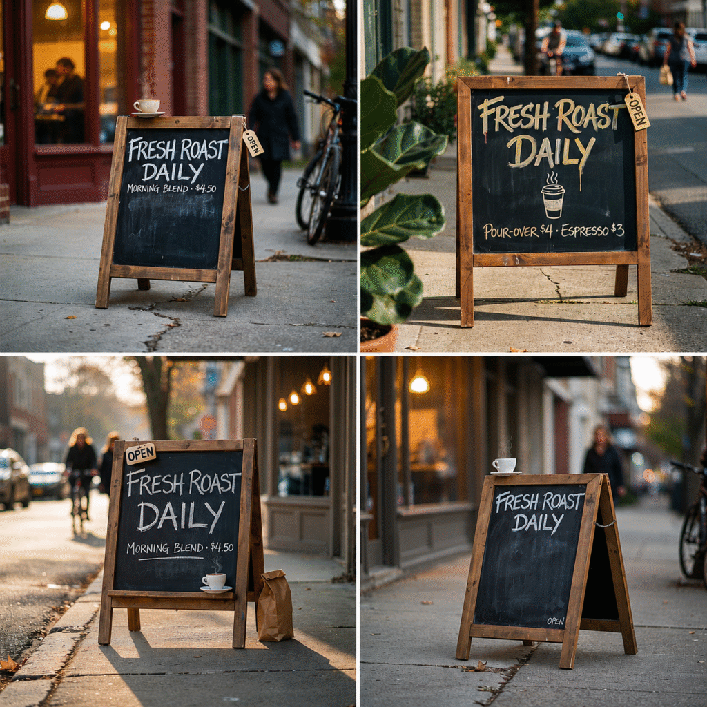 Ideogram AI four-result output for sandwich board prompt, showing text accuracy and creative additions, test