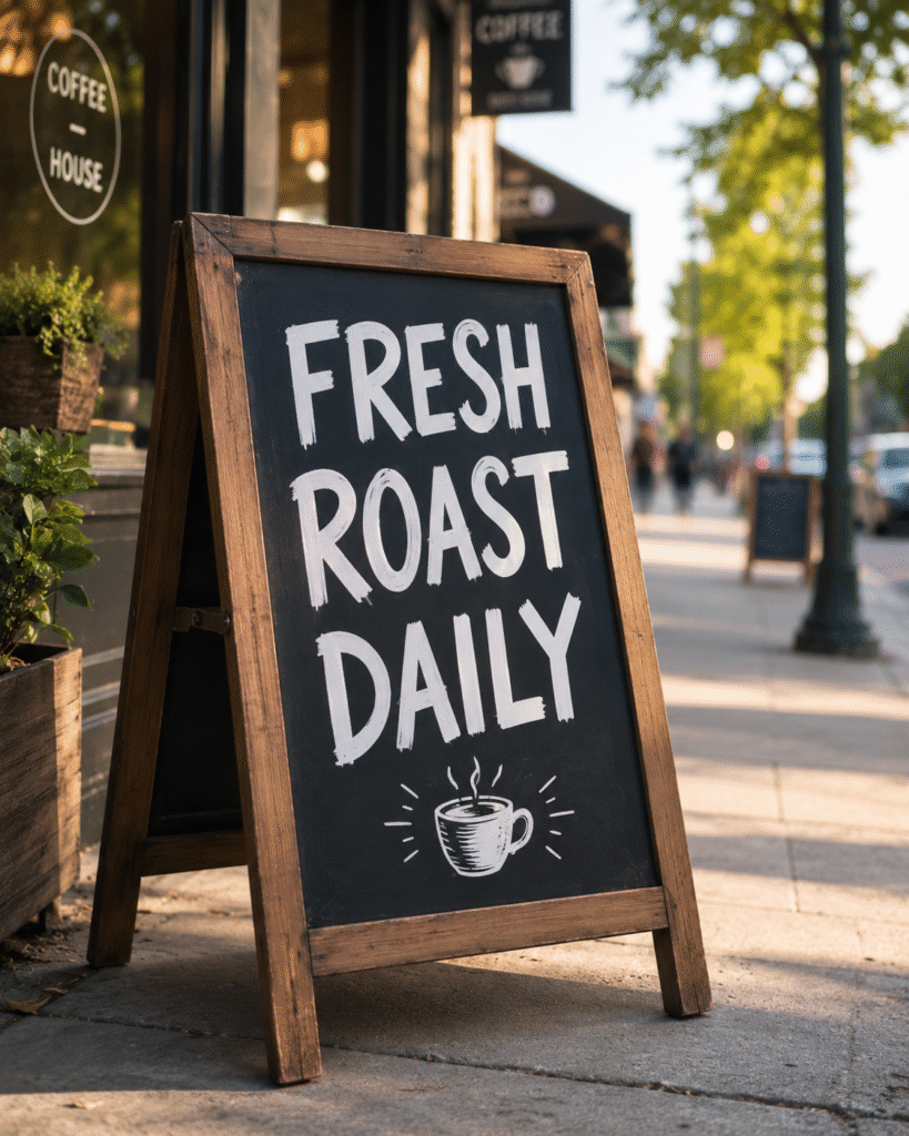ChatGPT generated image of coffee shop sandwich board reading FRESH ROAST DAILY, test