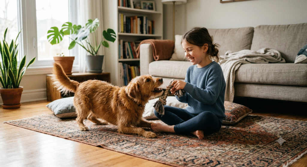 Google Gemini free AI image generator result, girl in blue sweater sitting cross-legged on a patterned rug playing tug of war with a golden retriever, bright living room with plants and bookshelves in background