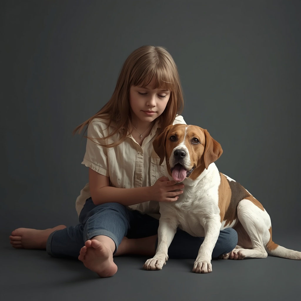 Leonardo AI free image generator result, girl with straight brown hair sitting barefoot on a plain grey studio floor, brown and white beagle-type dog resting beside her, clean studio background