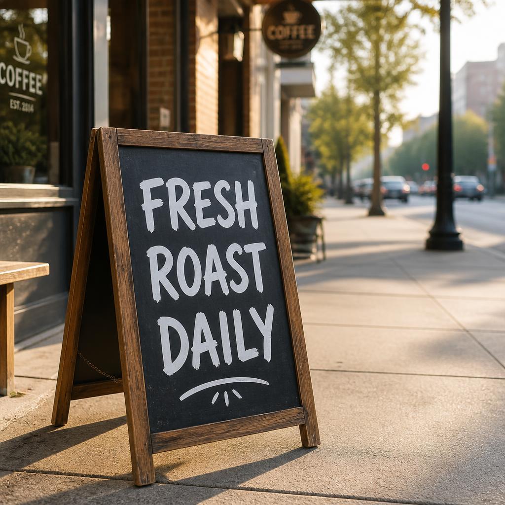 Leonardo AI generated image of coffee shop sandwich board reading FRESH ROAST DAILY, test
