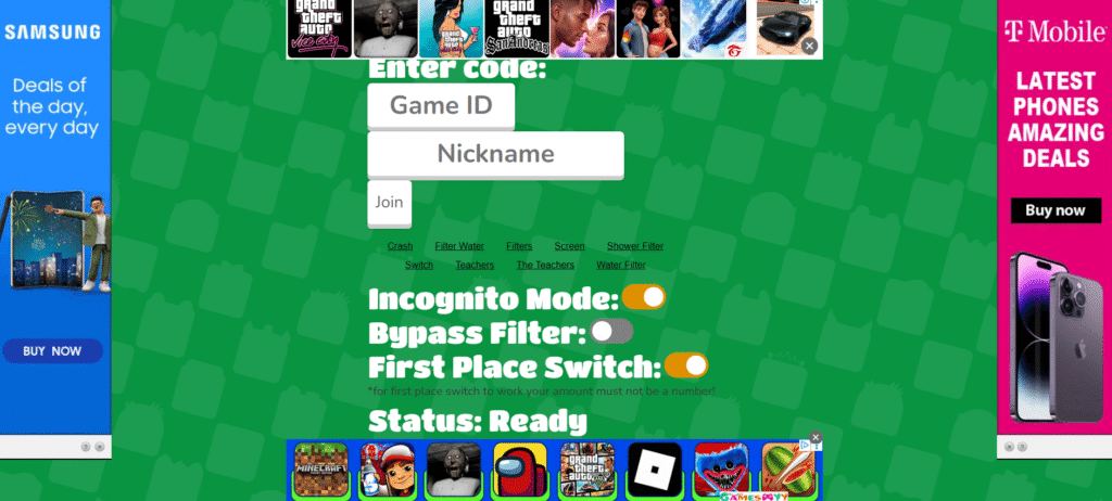 Blooket bot site interface showing Incognito Mode and
First Place Switch toggles switched on by default, features designed to hide bot activity from teachers and bypass school network detection