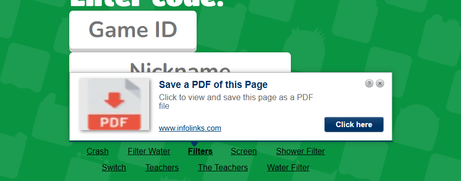 Deceptive popup on a Blooket bot site offering to
"Save a PDF of this Page" via Infolinks ad network clicking redirects students away from the tool entirely