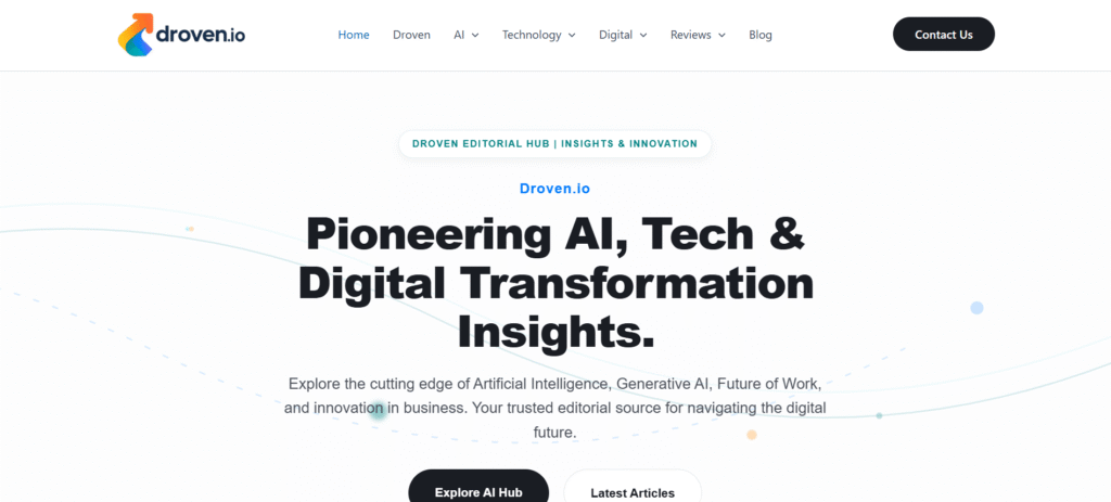 Droven.io homepage showing Editorial Hub and Insights Innovation positioning with AI Tech and Digital Transformation headline