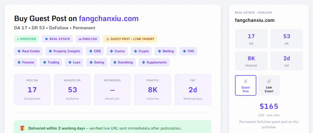 Fangchanxiu.com listed for guest post sale on LinkScope with Casino, THC, and Gambling categories
