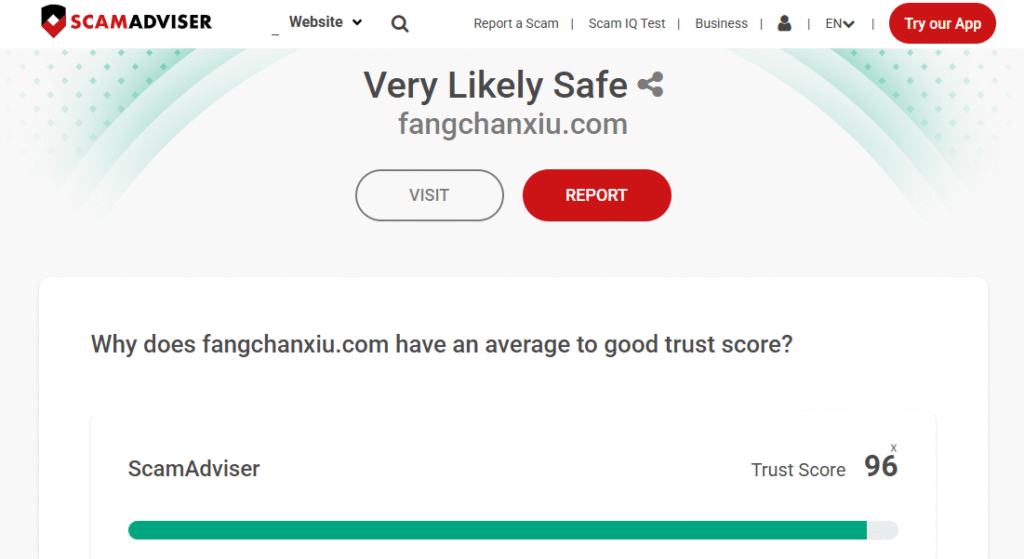 ScamAdviser trust score of 96 out of 100 for fangchanxiu.com