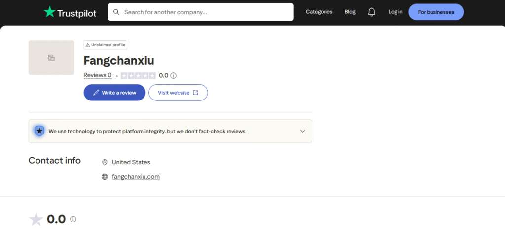 Fangchanxiu.com Trustpilot profile showing unclaimed status and zero reviews