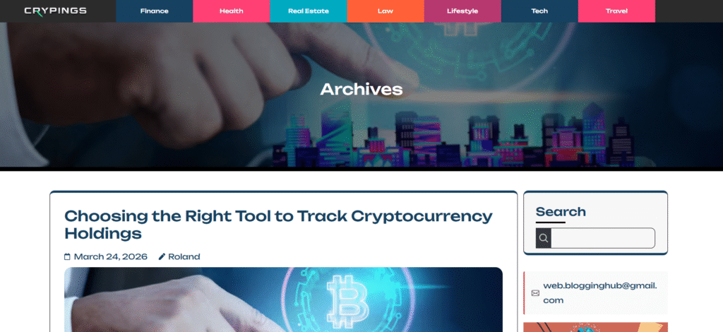 Crypings archives page displaying cryptocurrency, finance, health, real estate, law, lifestyle, tech, and travel articles.