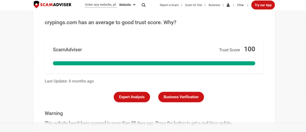 ScamAdviser page showing Crypings.com with a trust score of 100 and website security analysis.