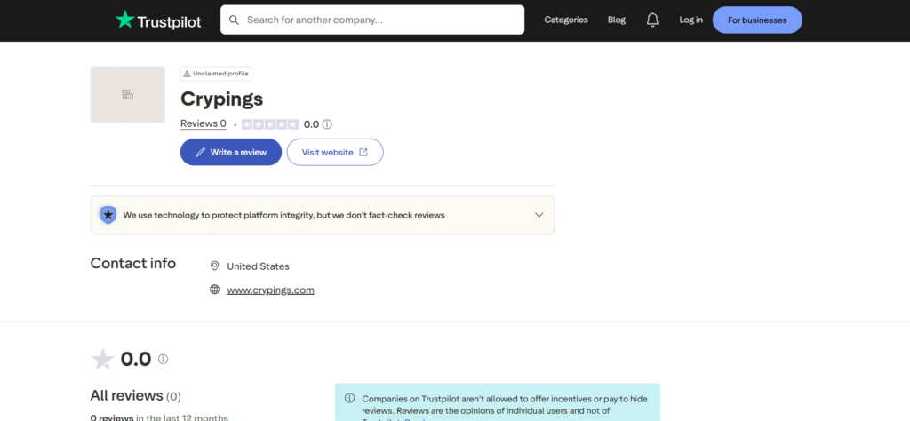 Trustpilot profile for Crypings showing an unclaimed business listing with no customer reviews and contact information.