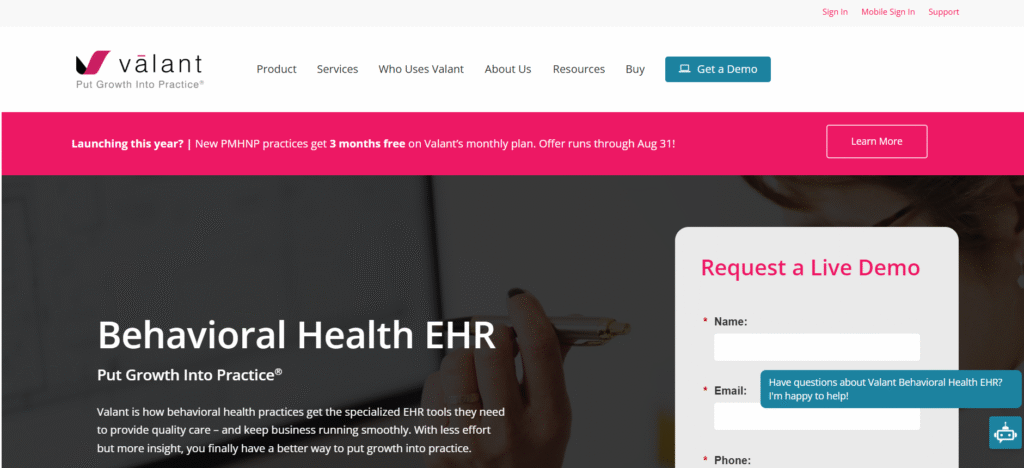 Valant.io official homepage showing Behavioral Health EHR tagline, Get a Demo CTA button, and PMHNP 3 months free promotional banner