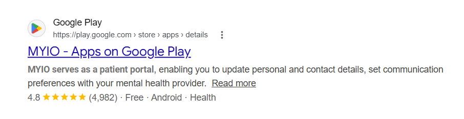 MYIO patient portal app on Google Play showing 4.8 star rating from 4982 reviews free Android health app for Valant behavioral health EHR