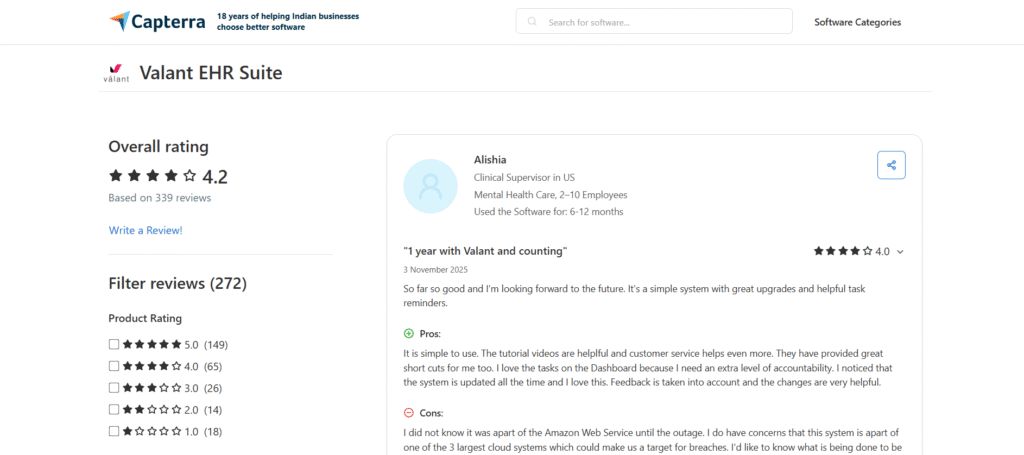 Valant EHR Suite Capterra rating showing 4.2 out of 5 stars based on 339 verified reviews as of July 2026 with review breakdown showing 149 five-star and 18 one-star ratings