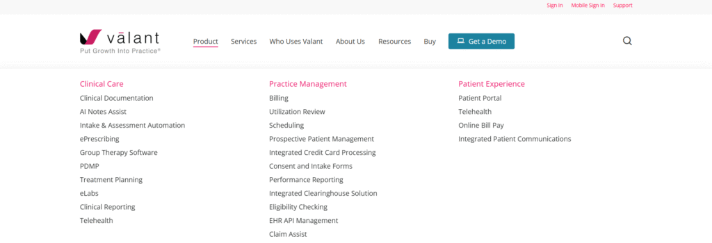 Valant io product navigation menu showing three pillars Clinical Care Practice Management and Patient Experience with full feature list including AI Notes Assist ePrescribing Claim Assist and Telehealth