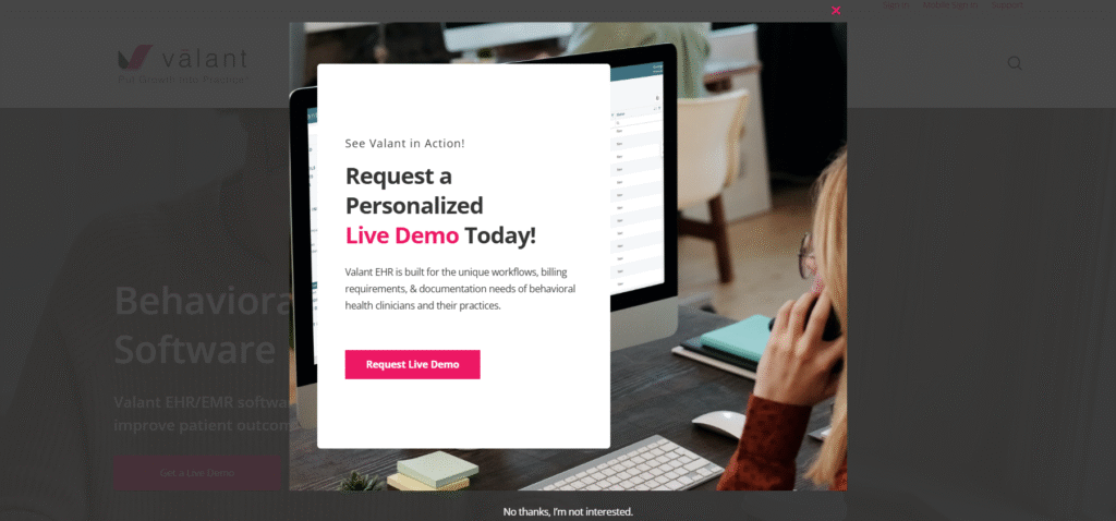Valant.io homepage popup showing Request a Personalized Live Demo overlay form targeting behavioral health practice evaluators not patients on first site visit